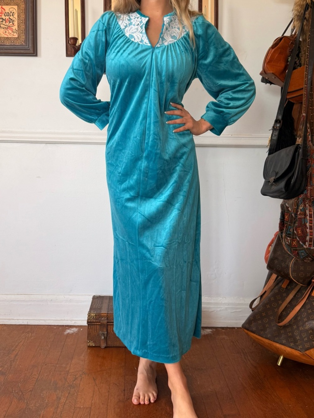 Women's Light Blue Vintage Velvet Long Dress with Lace Trim Nightgown